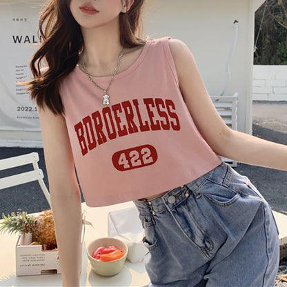 Crew Neck Lettering Numbering Print Crop Tank Top