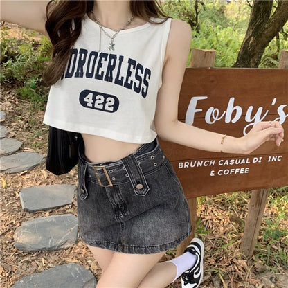 Crew Neck Lettering Numbering Print Crop Tank Top