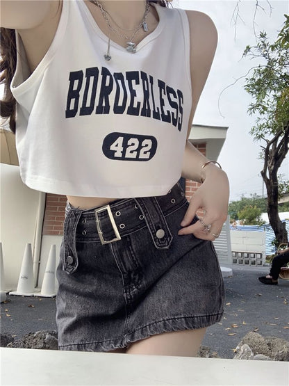 Crew Neck Lettering Numbering Print Crop Tank Top