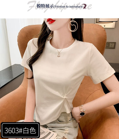 Short-Sleeve Crew Neck Plain Asymmetrical Ruched T-Shirt