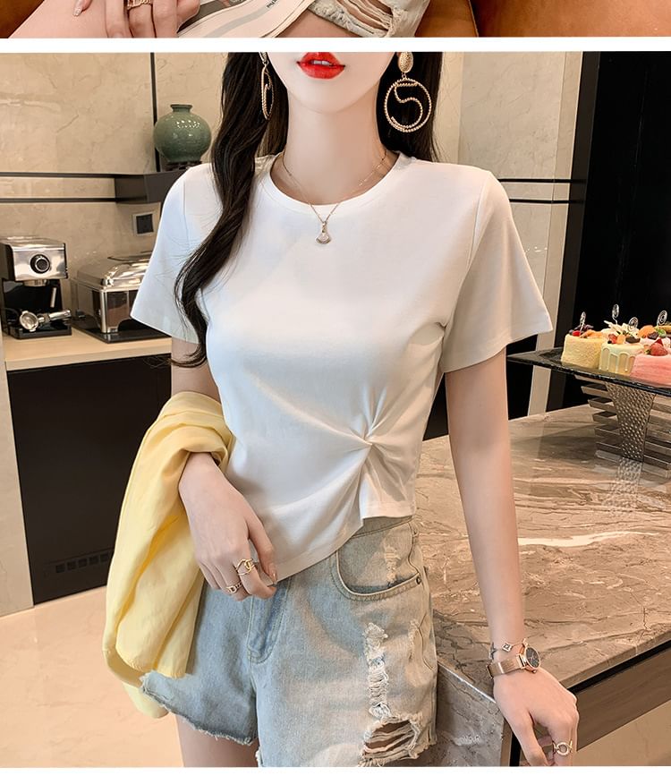 Short-Sleeve Crew Neck Plain Asymmetrical Ruched T-Shirt