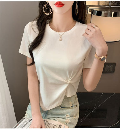 Short-Sleeve Crew Neck Plain Asymmetrical Ruched T-Shirt