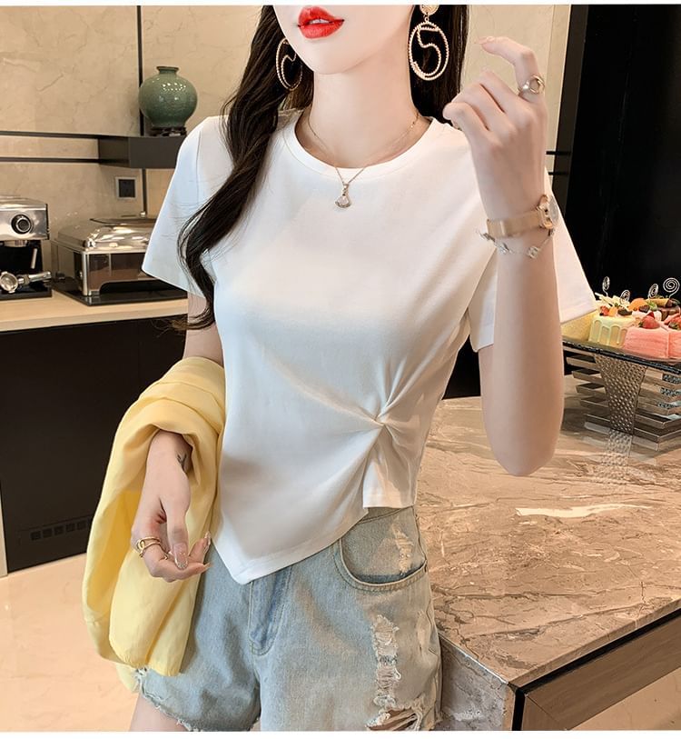 Short-Sleeve Crew Neck Plain Asymmetrical Ruched T-Shirt