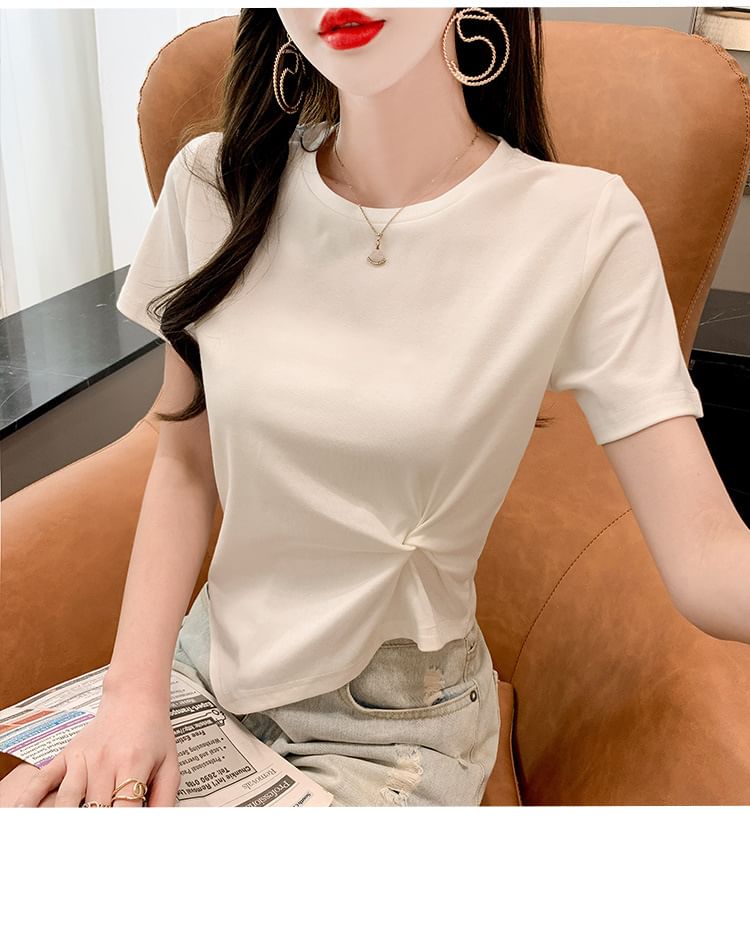 Short-Sleeve Crew Neck Plain Asymmetrical Ruched T-Shirt