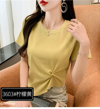 Short-Sleeve Crew Neck Plain Asymmetrical Ruched T-Shirt