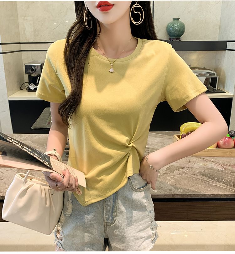 Short-Sleeve Crew Neck Plain Asymmetrical Ruched T-Shirt