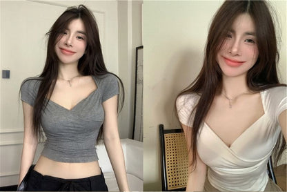 Short-Sleeve V-Neck Plain Wrap T-Shirt