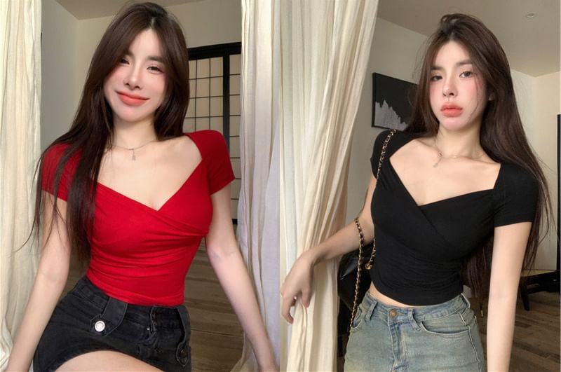 Short-Sleeve V-Neck Plain Wrap T-Shirt