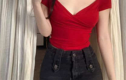 Short-Sleeve V-Neck Plain Wrap T-Shirt