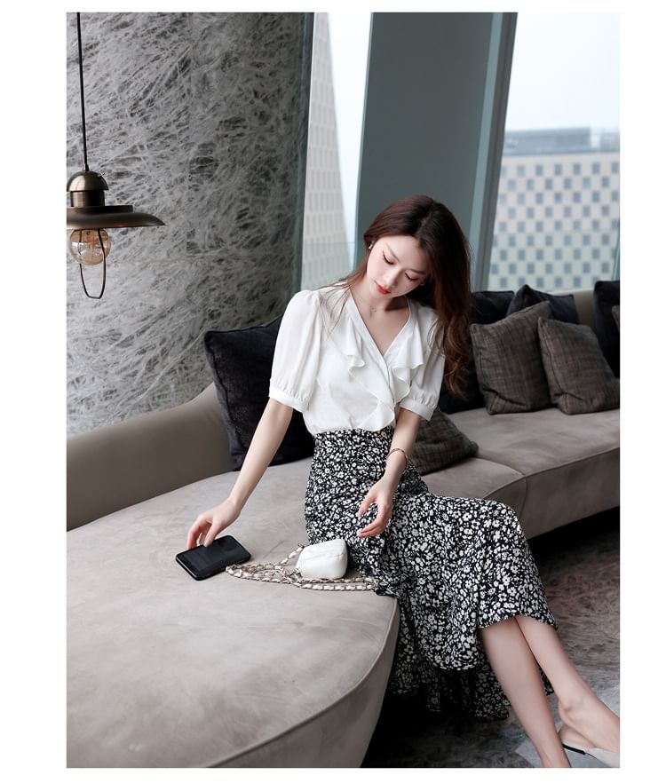 Elastic Waist Floral Print Midi A-Line Skirt