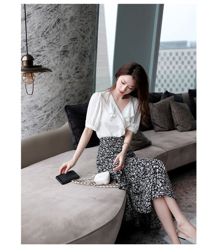 Elastic Waist Floral Print Midi A-Line Skirt