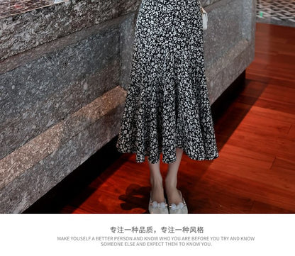 Elastic Waist Floral Print Midi A-Line Skirt