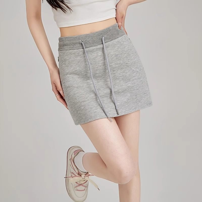 Drawstring Waist Plain Mini Pencil Skirt