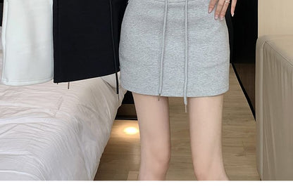 Drawstring Waist Plain Mini Pencil Skirt