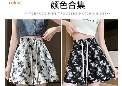 Drawstring Waist Butterfly Print Shorts