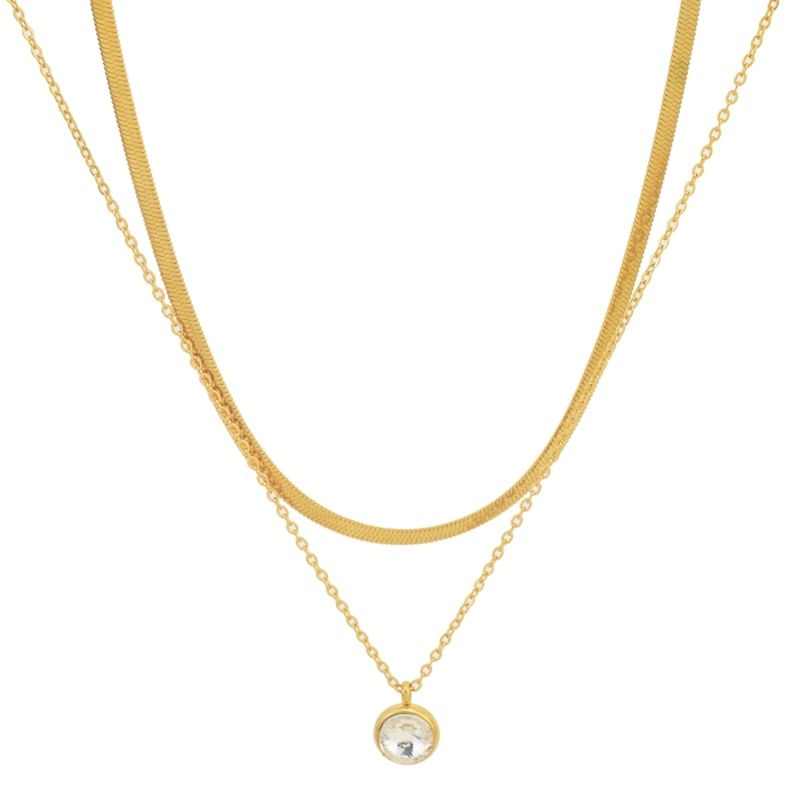 Rhinestone Pendant Layered Stainless Steel Necklace / Drop Earring / Set
