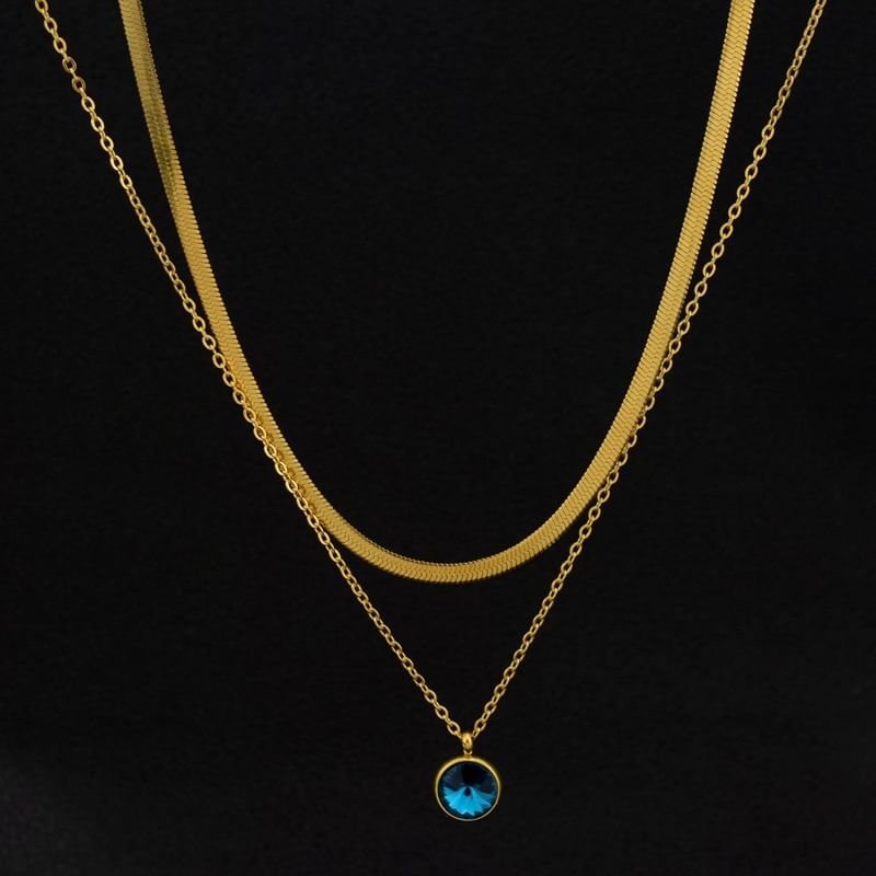Rhinestone Pendant Layered Stainless Steel Necklace / Drop Earring / Set