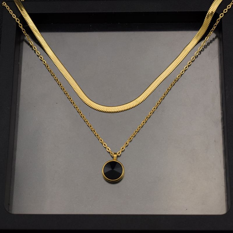 Rhinestone Pendant Layered Stainless Steel Necklace / Drop Earring / Set