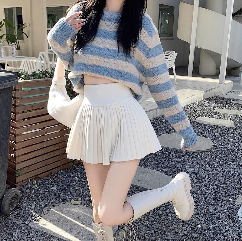 High Waist Plain Accordion Pleated Mini A-Line Skirt