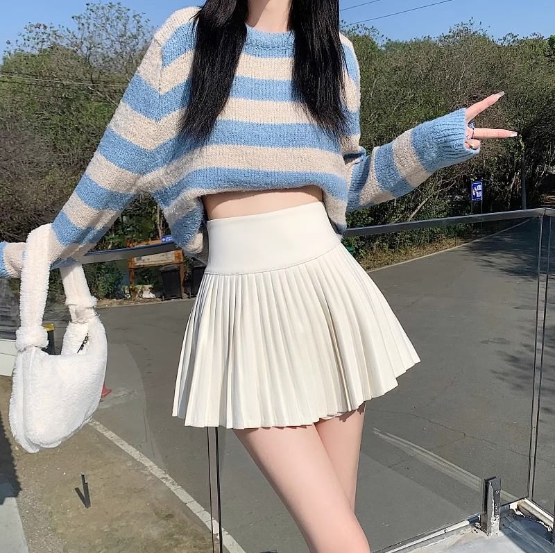 High Waist Plain Accordion Pleated Mini A-Line Skirt