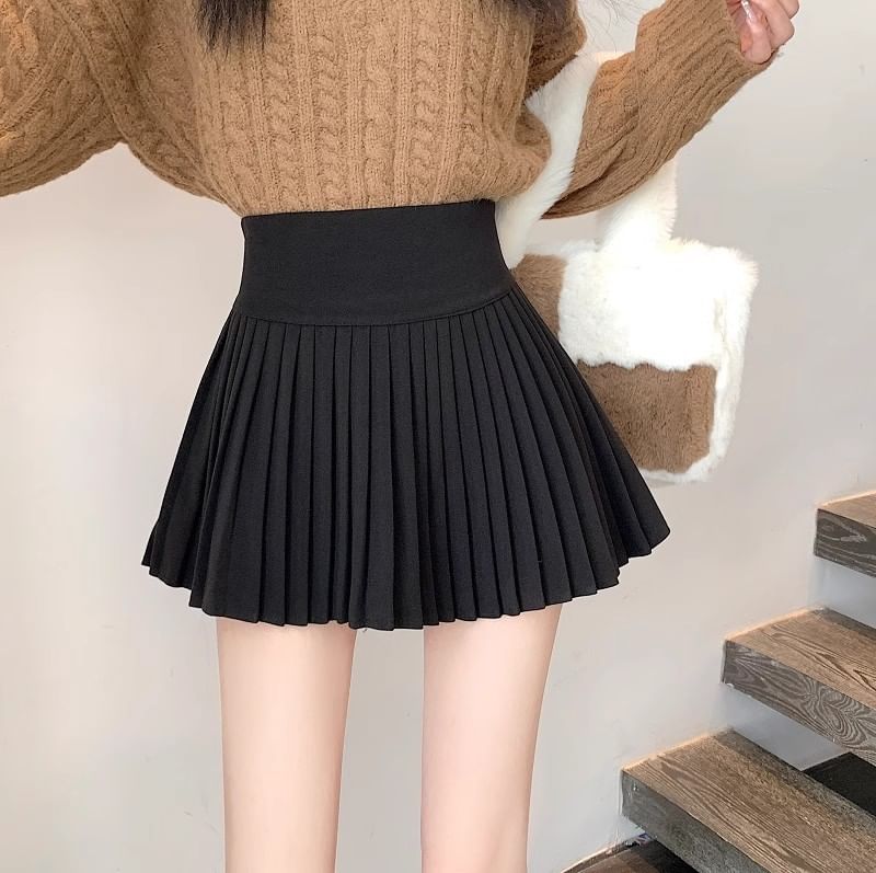 High Waist Plain Accordion Pleated Mini A-Line Skirt