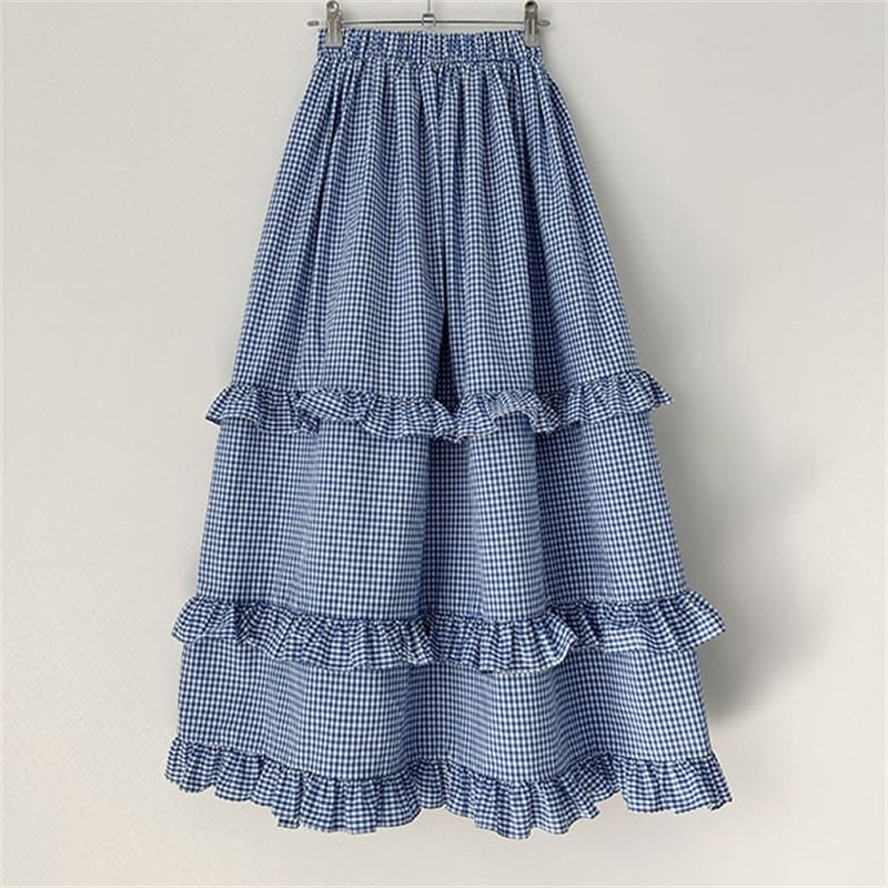 Elastic Waist Plaid Ruffle Maxi A-Line Skirt