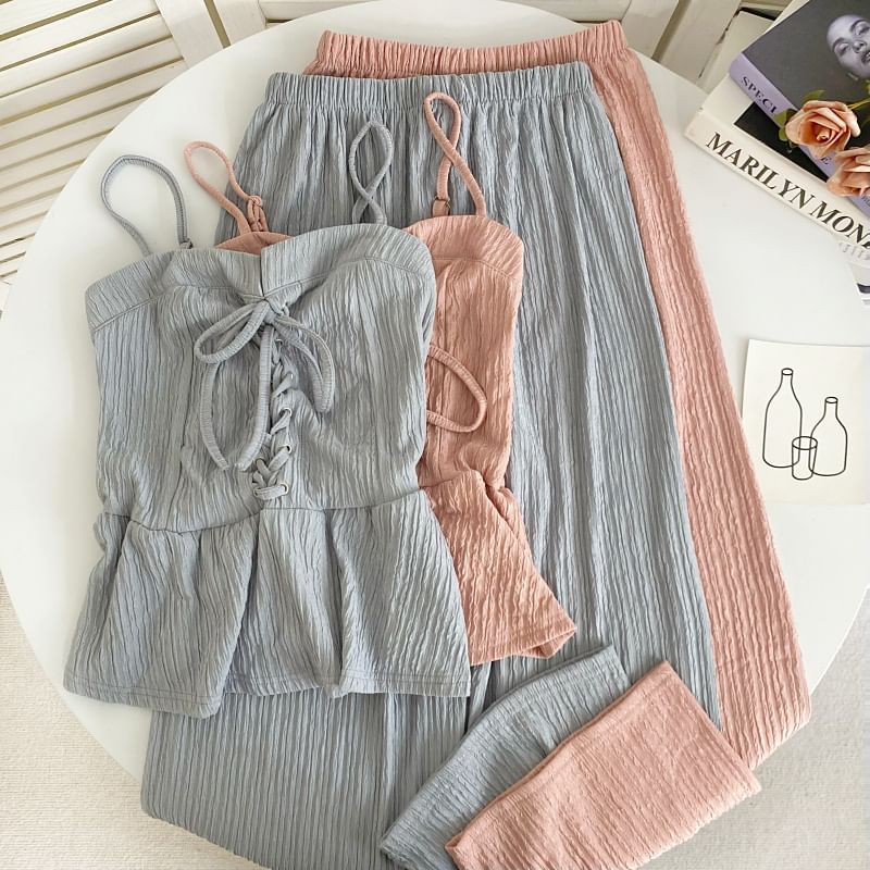 Set: Plain Lace-Up Peplum Camisole Top + Elastic Waist Wide Leg Pants