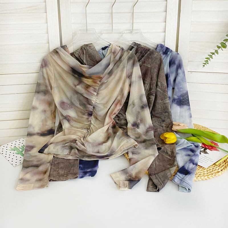 Long-Sleeve Cowl Neck Tie Dye Ruched Mesh Top