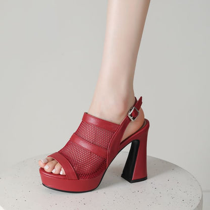 Platform Slingback Panel Mesh Block Heel Sandals