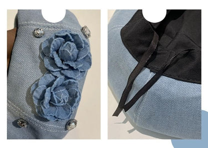 Flower Rhinestone Denim Beret