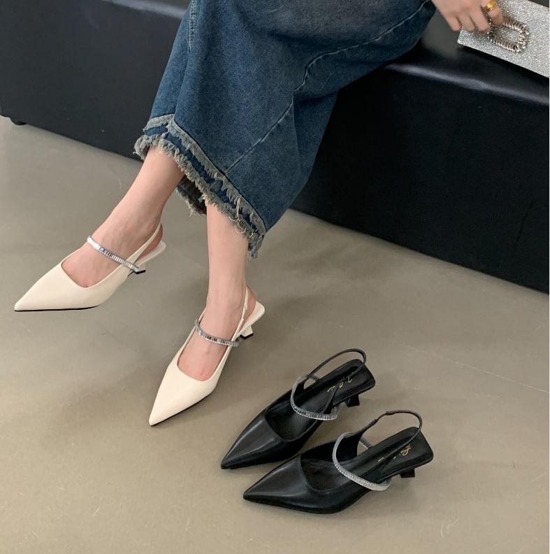 Pointed Toe Rhinestone Kitten Heel Slingback Mules