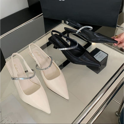 Pointed Toe Rhinestone Kitten Heel Slingback Mules
