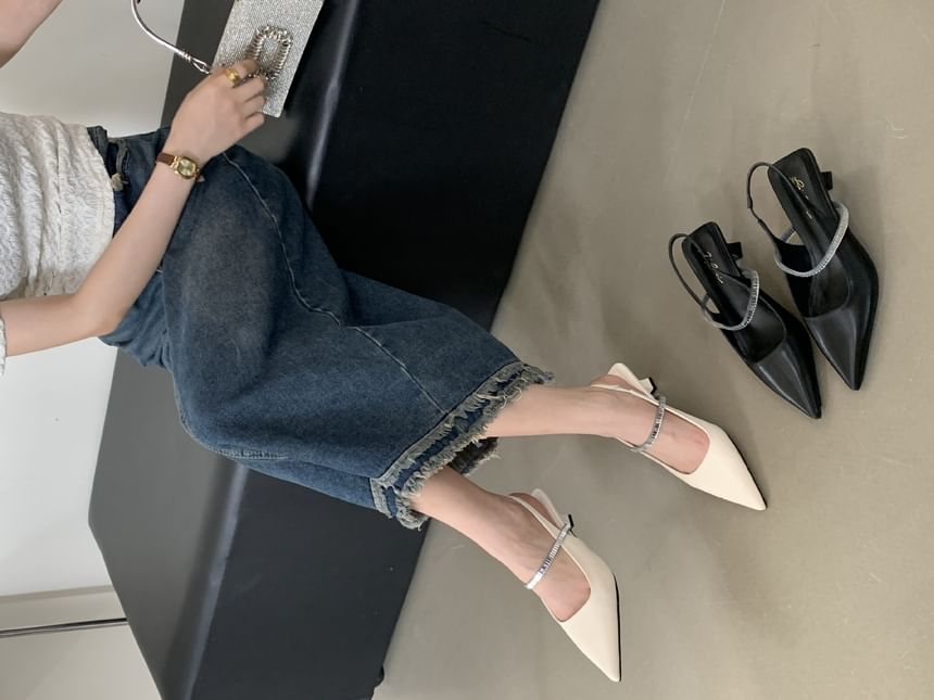 Pointed Toe Rhinestone Kitten Heel Slingback Mules