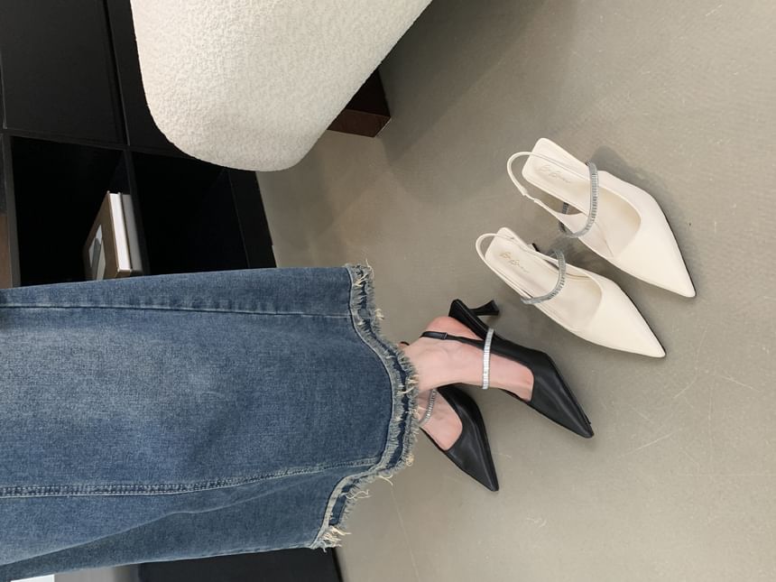 Pointed Toe Rhinestone Kitten Heel Slingback Mules