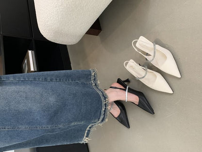 Pointed Toe Rhinestone Kitten Heel Slingback Mules