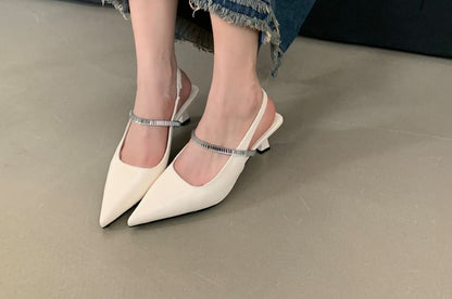 Pointed Toe Rhinestone Kitten Heel Slingback Mules