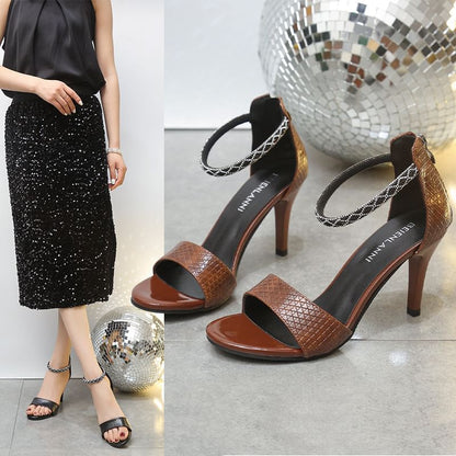 Stiletto Rhinestone Ankle Strap Faux Leather Sandals