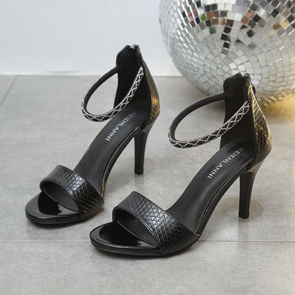 Stiletto Rhinestone Ankle Strap Faux Leather Sandals