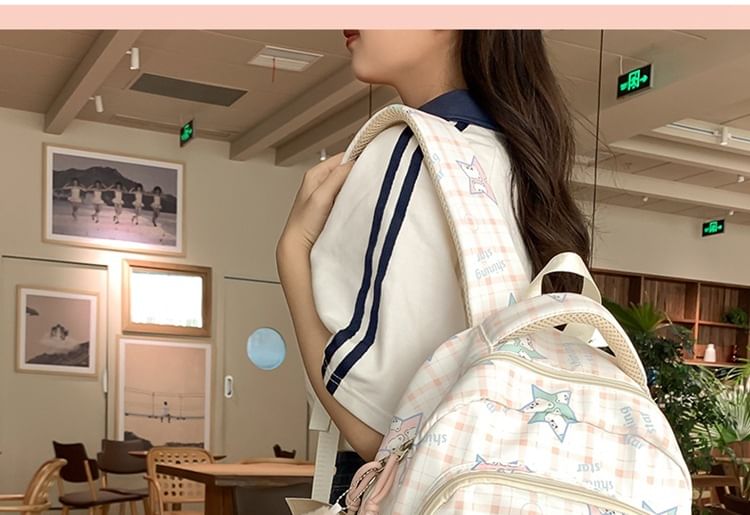 Cartoon Print Multi-Pocket Backpack / Bag Charm / Set