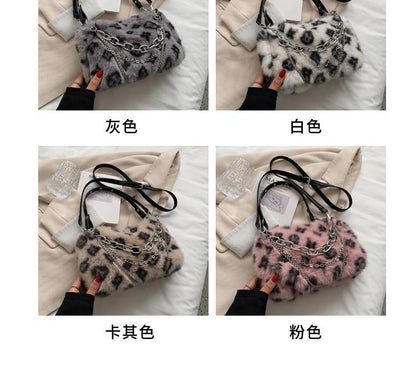 Chain Strap Leopard Print Fluffy Crossbody Bag