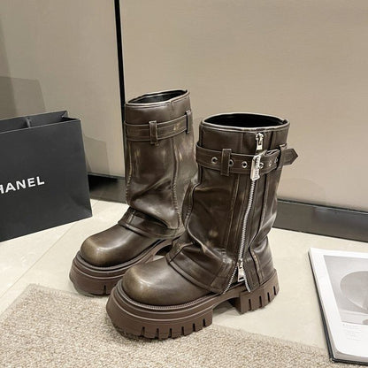 Mid-Calf Heel Chunky Platform Buckled Boots