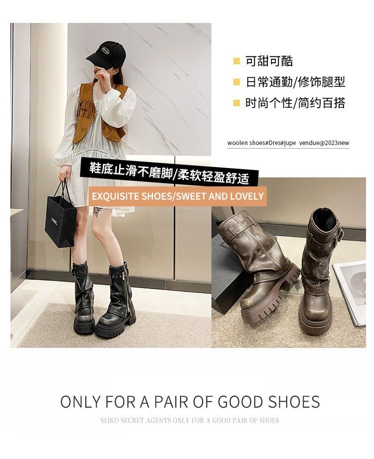 Mid-Calf Heel Chunky Platform Buckled Boots