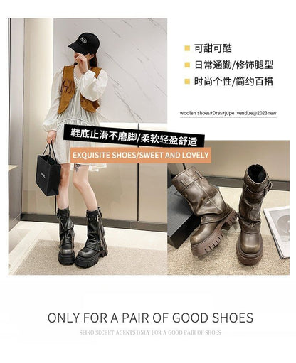 Mid-Calf Heel Chunky Platform Buckled Boots