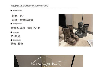 Mid-Calf Heel Chunky Platform Buckled Boots