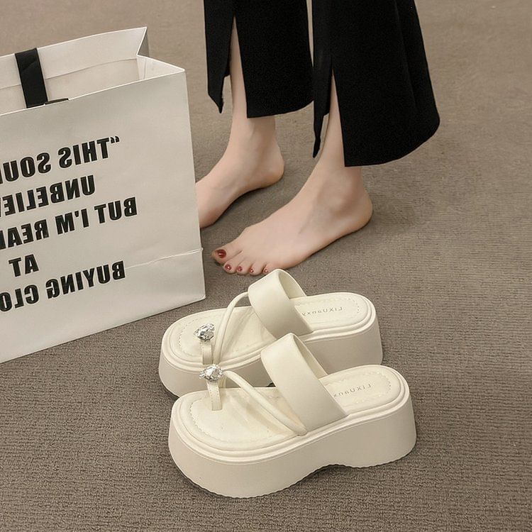 Sandals Platform Loop Heart Rhinestone Toe Slide