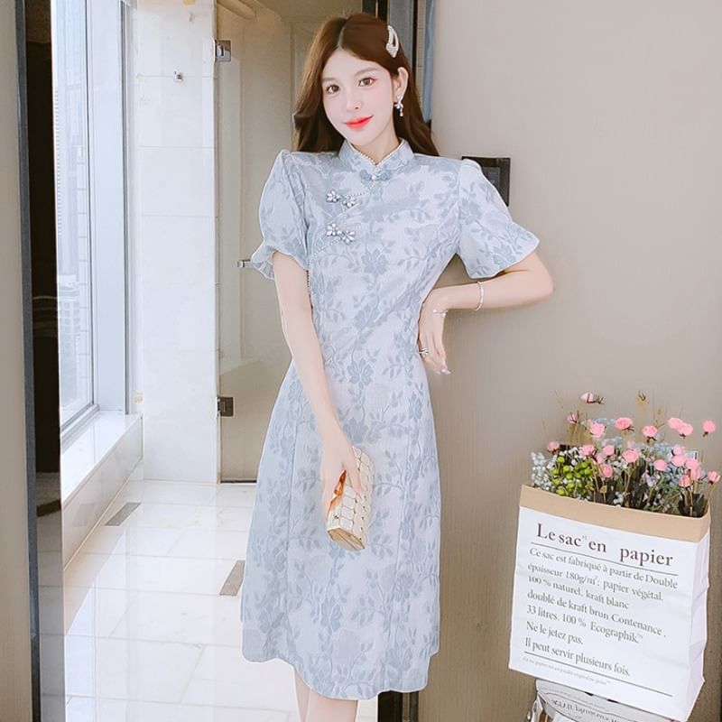 Traditional Chinese Short-Sleeve Stand Collar Faux Pearl Accent Frog Buttoned Lace Midi A-Line Dress