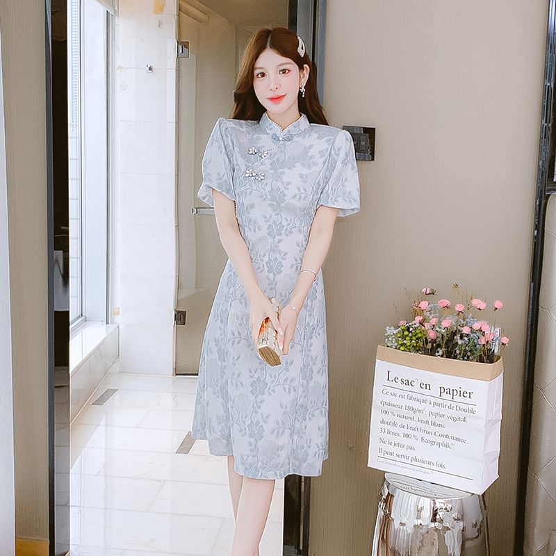 Traditional Chinese Short-Sleeve Stand Collar Faux Pearl Accent Frog Buttoned Lace Midi A-Line Dress