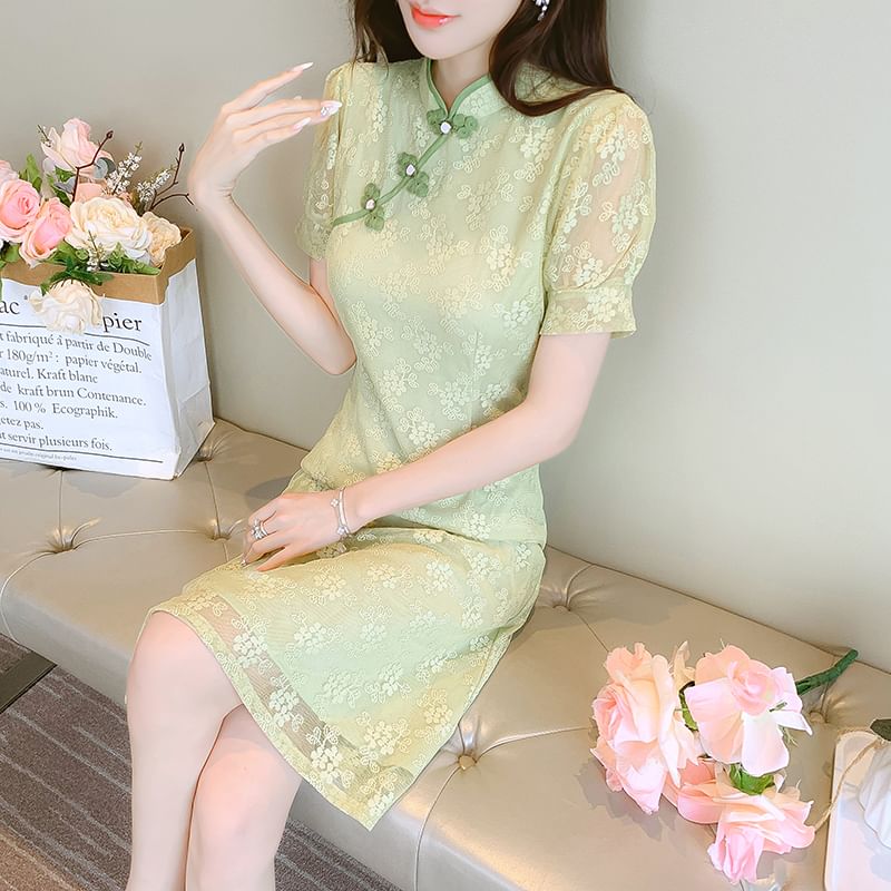 Traditional Chinese Short-Sleeve Stand Collar Contrast Trim Frog Buttoned Lace A-Line Dress