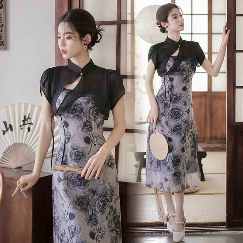 Traditional Chinese Set: Spaghetti Strap Scoop Neck Floral Print Midi A-Line Dress + Short-Sleeve Stand Collar Plain Asymmetrical Cutout Frog Buttoned Shrug