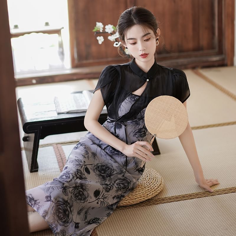 Traditional Chinese Set: Spaghetti Strap Scoop Neck Floral Print Midi A-Line Dress + Short-Sleeve Stand Collar Plain Asymmetrical Cutout Frog Buttoned Shrug